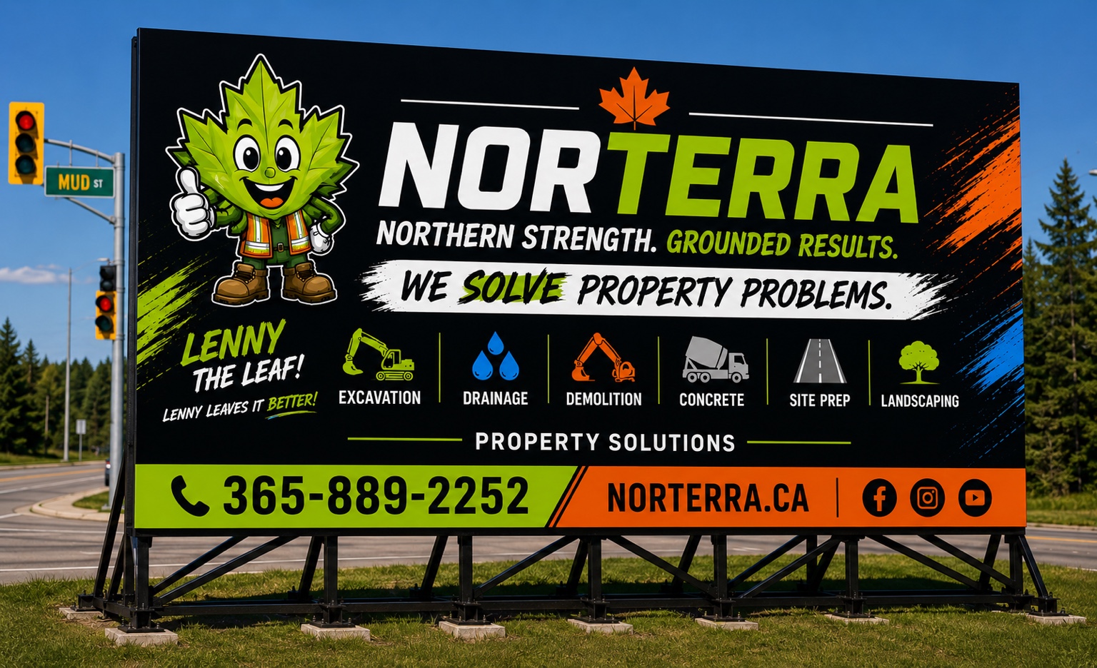 NorTerra service area sign for excavation, drainage, demolition, concrete, site prep and landscaping
